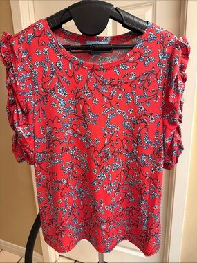 CeCe Red Floral Short Sleeve Ruffle Top